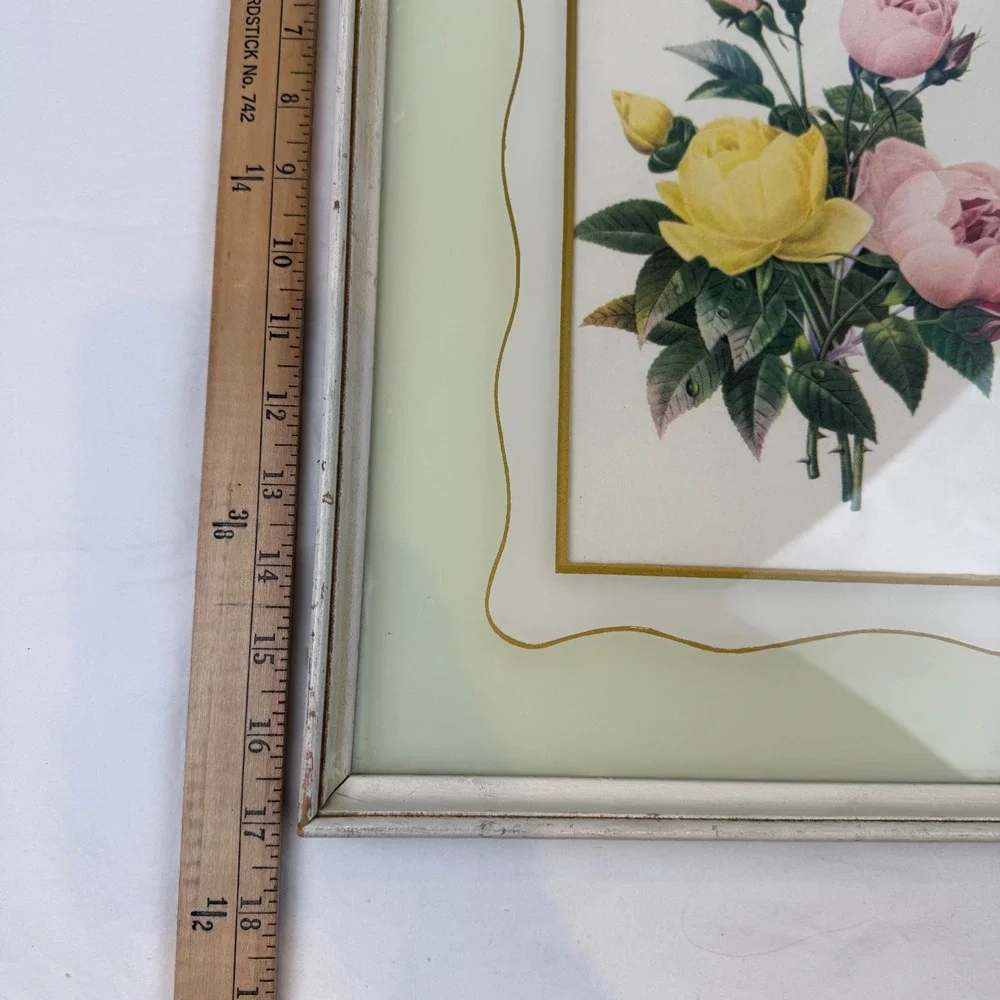 Vintage Botanical Rose Floral Print Distressed White Framed Wall Art 13x17